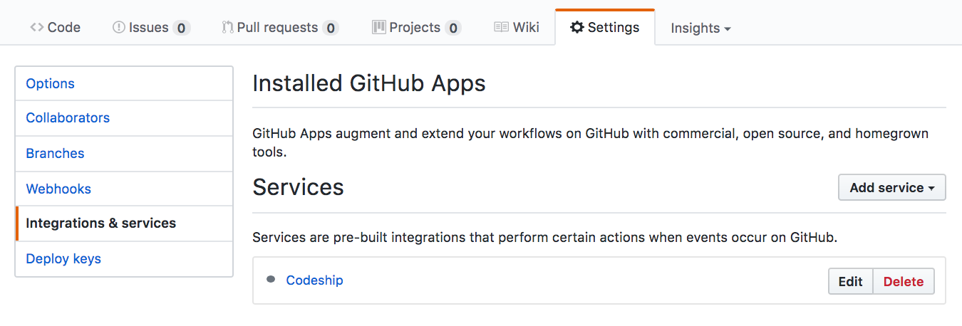 Github's repo settings for Integrations